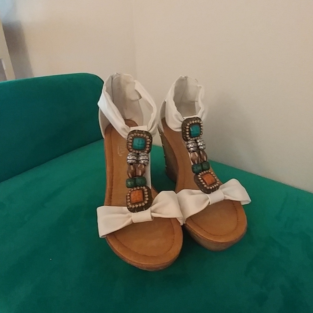 White cork wedge sandals with jeweled detail
